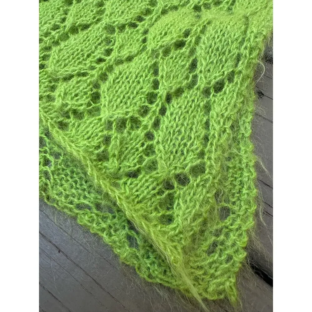 Mohair Wool Crochet Blanket lime green Hand Made Diamond Knit Throw 44x90” shawl